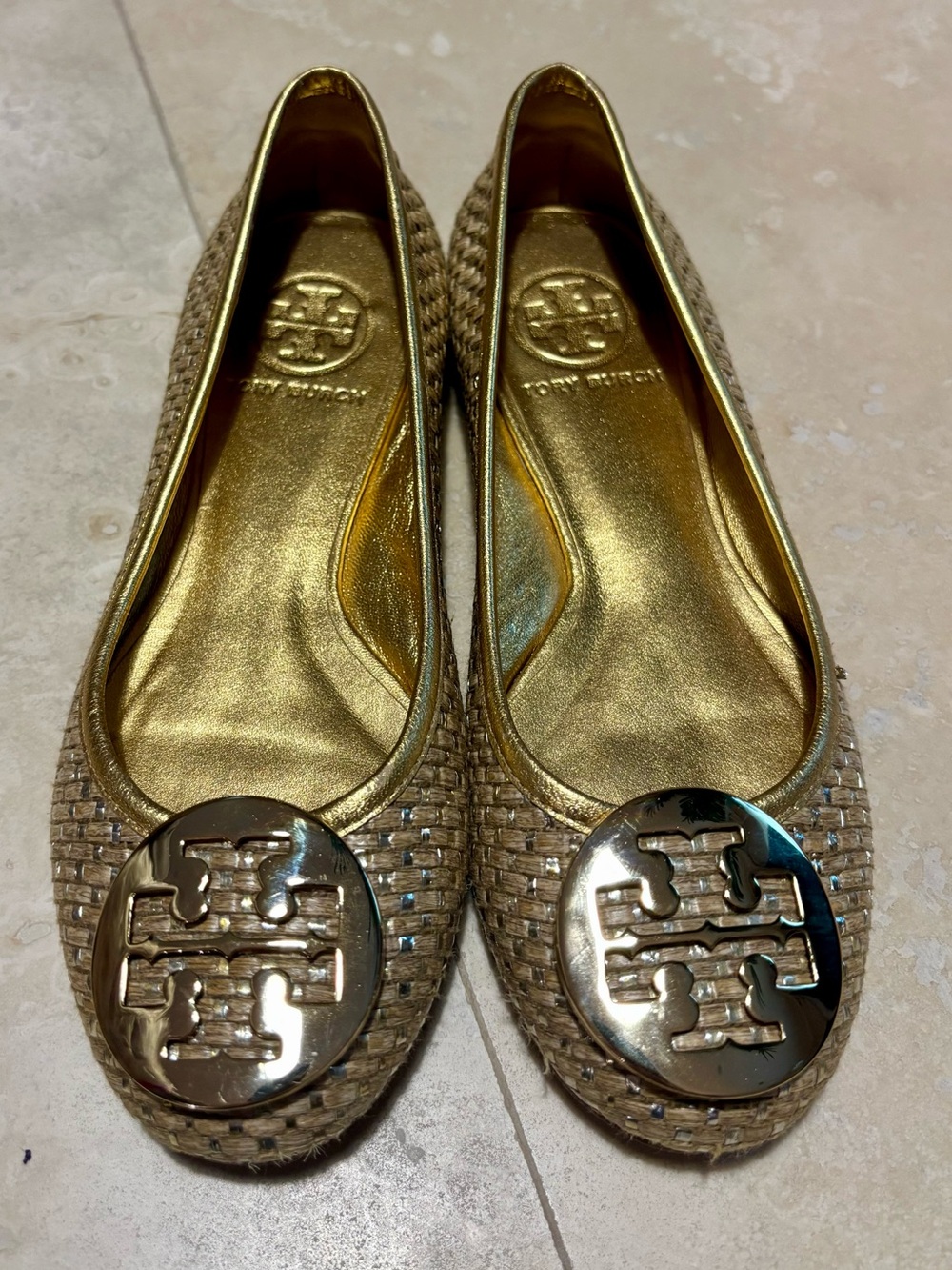 Tory Burch Reva Gold Woven Medallion Logo Leather Ballet Flats size 5
